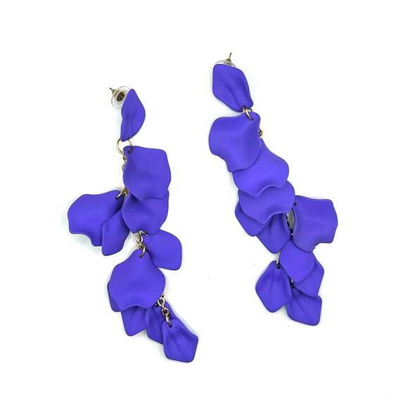 Flower Rose Petal Earrings Purple Cascading Dangle Pierced Long Casual Statement - Picture 1 of 6